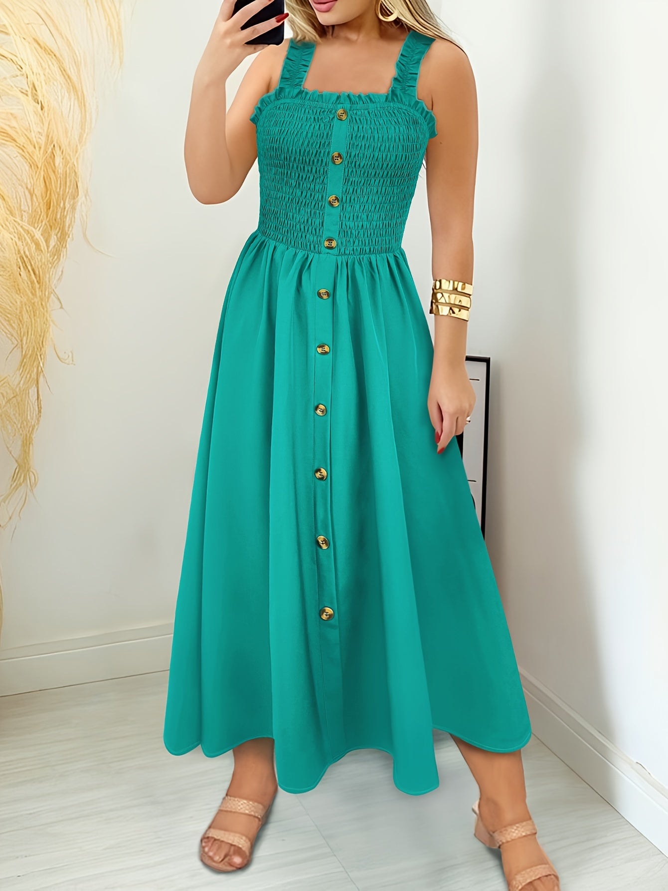 Solid Color Shirred Bust Dress, Vacation Style Button Decor A-line Dress For Spring & Summer, Women's Clothing